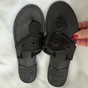 Jack Rogers Black Leather Braided Toe-Ring Slide Sandals